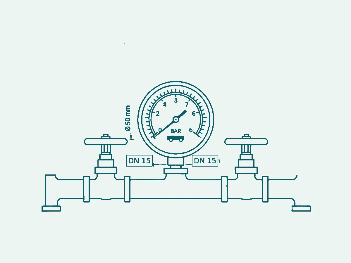 Technische Zeichnung eines Manometers mit Absperrventilen DN 15