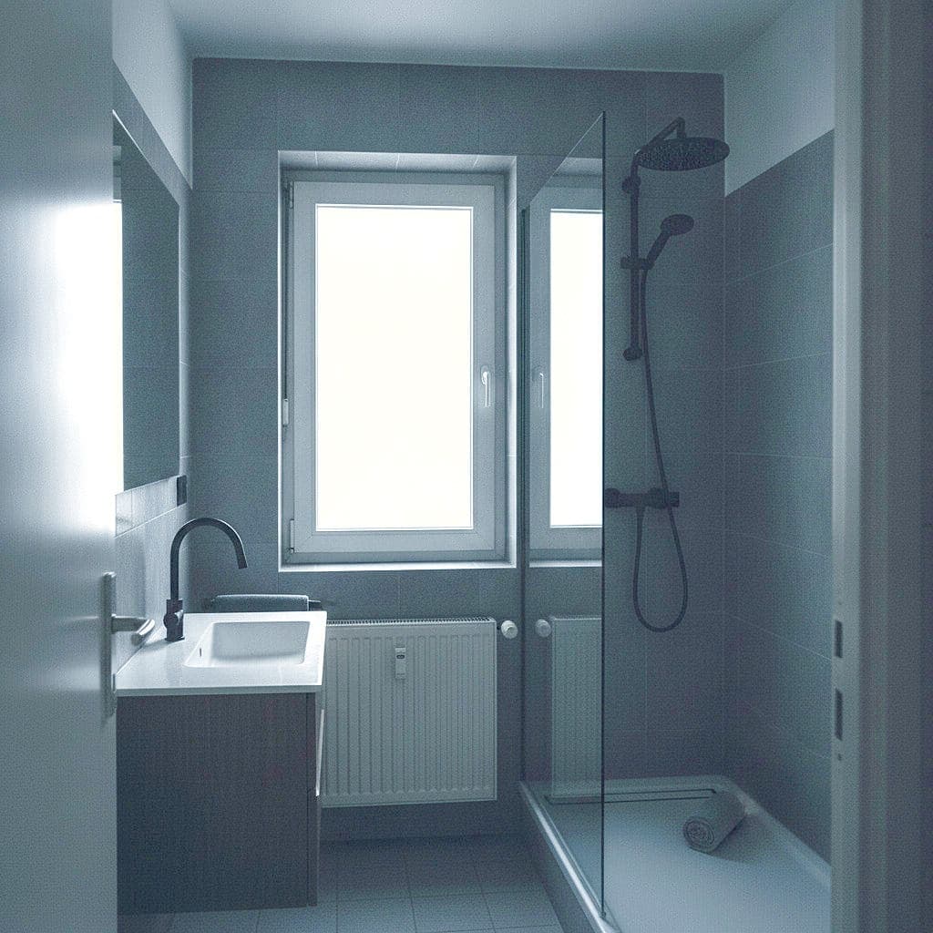 Saniertes Reihenhausbad mit bodengleicher Dusche und großformatigen Fliesen